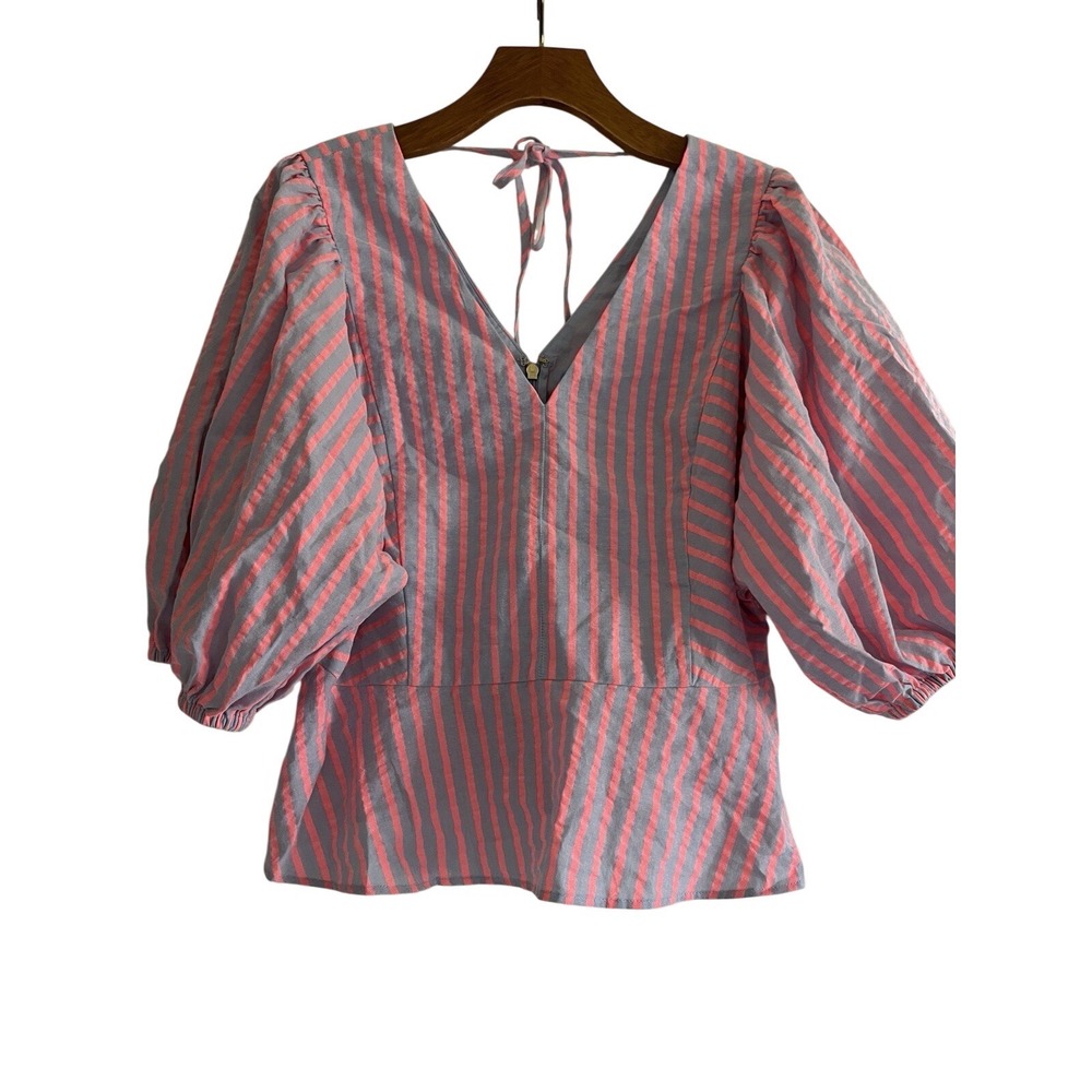 Draper James Tie Back Top Seersucker Stripe Pink 10 ballet-core peplum NEW 10